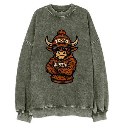 Austin Bevo wearing Texas beanie with longhorn patch - Vintage Sweatshirt - Forest Mist(Green)