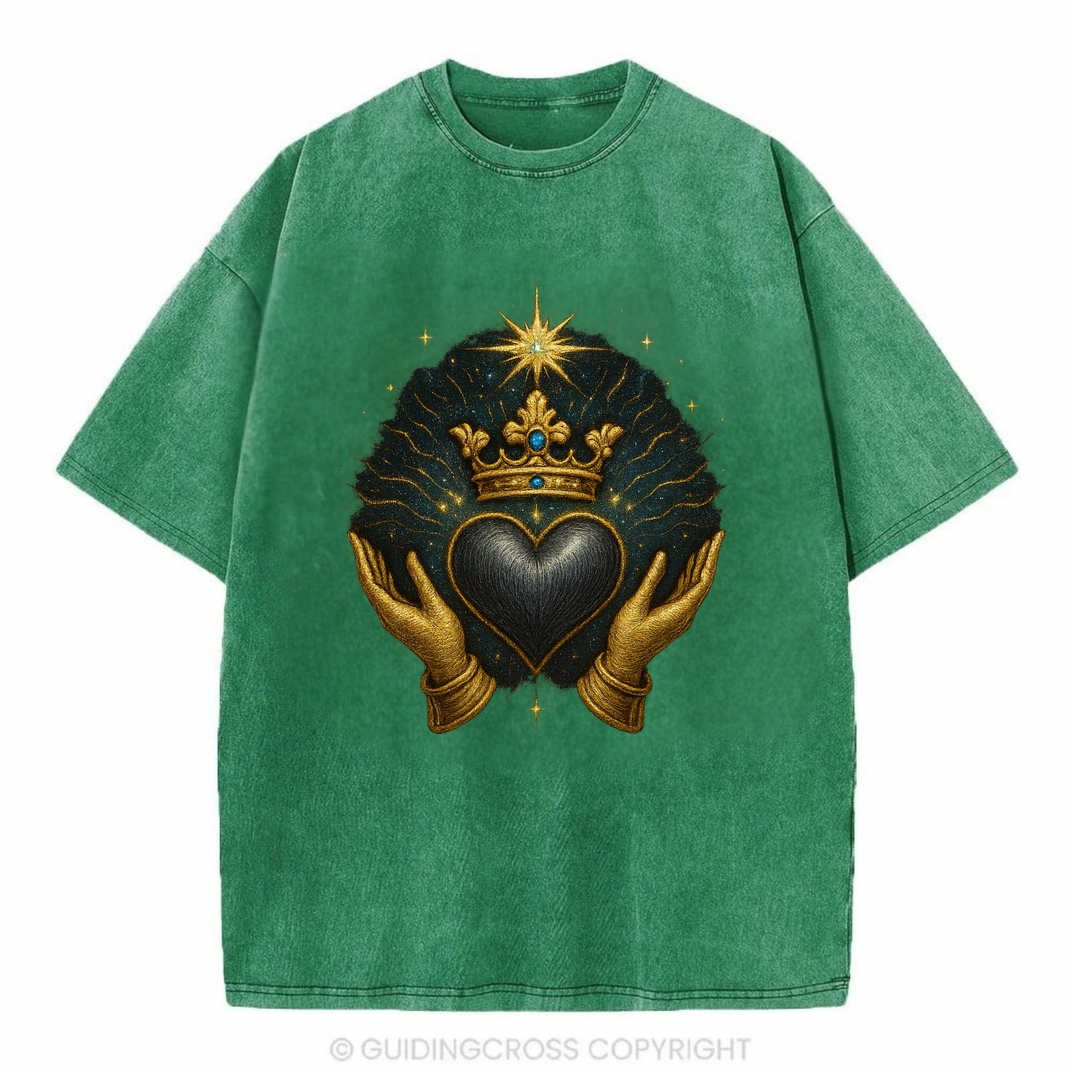 Pearl-studded tiara atop a satin-gunmetal heart supported by elegant opera-glove - Vintage T-shirt - Forest Mist(Green)