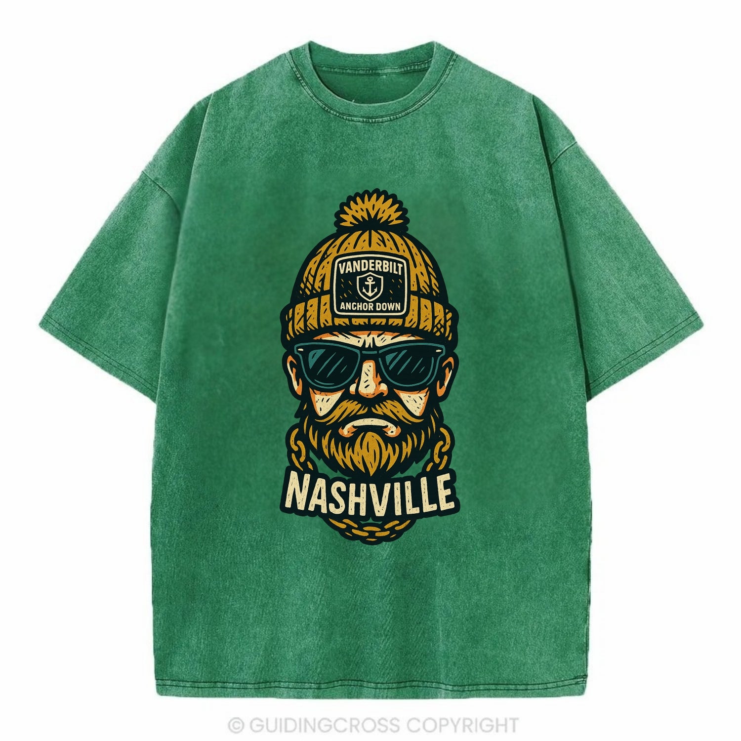 Nashville Commodore wearing Vanderbilt beanie with anchor patch - Vintage T-shirt - Forest Mist(Green)