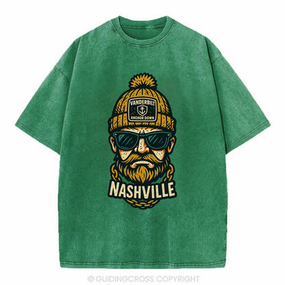 Nashville Commodore wearing Vanderbilt beanie with anchor patch - Vintage T-shirt - Forest Mist(Green)