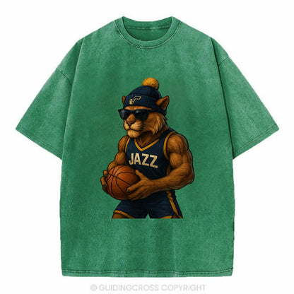 Utah Mountain Lion wearing Jazz navy and yellow beanie with music note and - Vintage T-shirt - Forest Mist(Green)