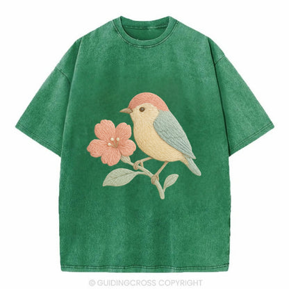 Peach Flowerpecker - Vintage T-shirt - Forest Mist(Green)
