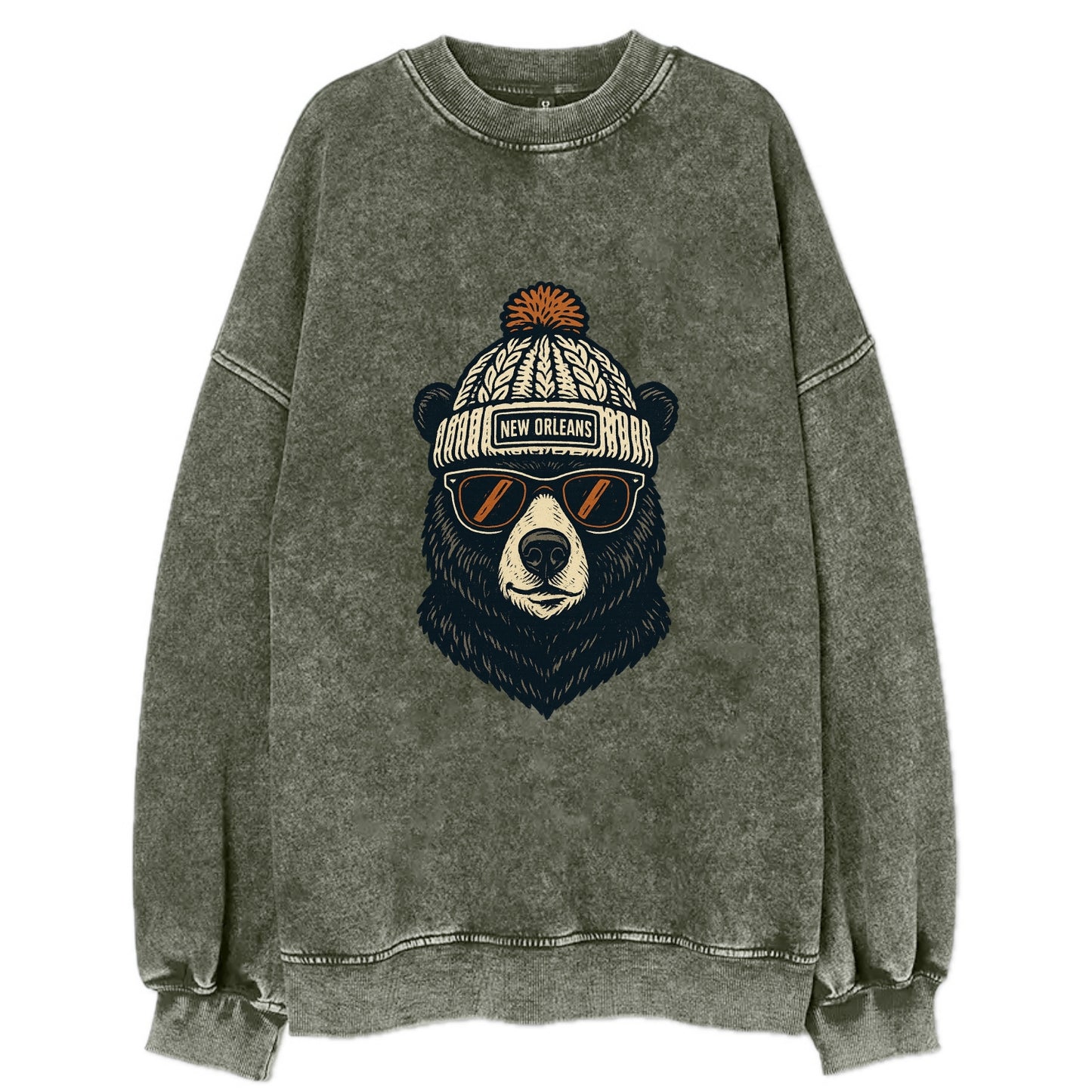 Louisiana Black Bear wearing New Orleans beanie with pom pom and wayfarer - Vintage Sweatshirt - Forest Mist(Green)