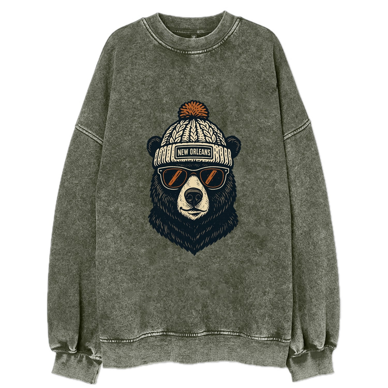 Louisiana Black Bear wearing New Orleans beanie with pom pom and wayfarer - Vintage Sweatshirt - Forest Mist(Green)