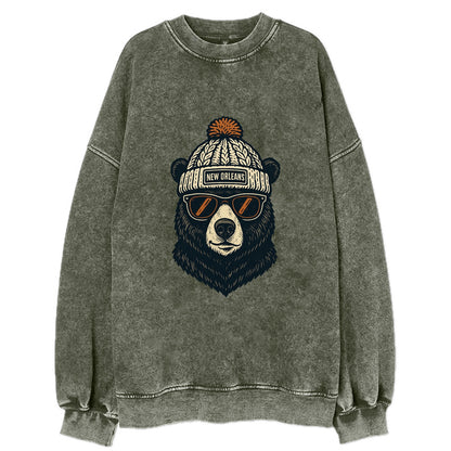 Louisiana Black Bear wearing New Orleans beanie with pom pom and wayfarer - Vintage Sweatshirt - Forest Mist(Green)