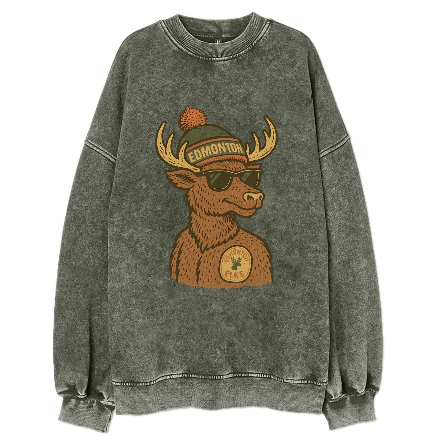 Edmonton Elk wearing Edmonton beanie with pom pom and wayfarer sunglasses - Vintage Sweatshirt - Forest Mist(Green)