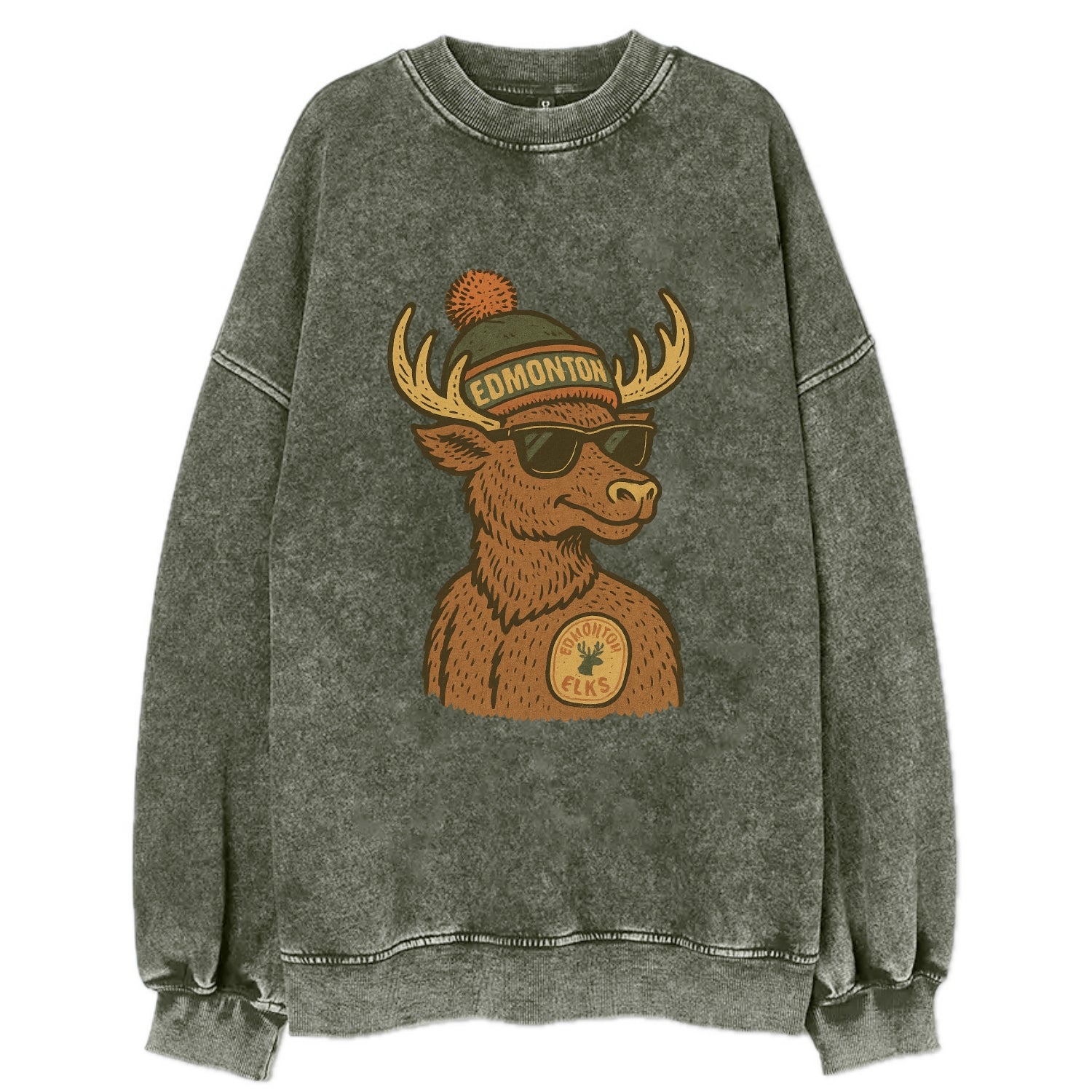 Edmonton Elk wearing Edmonton beanie with pom pom and wayfarer sunglasses - Vintage Sweatshirt - Forest Mist(Green)