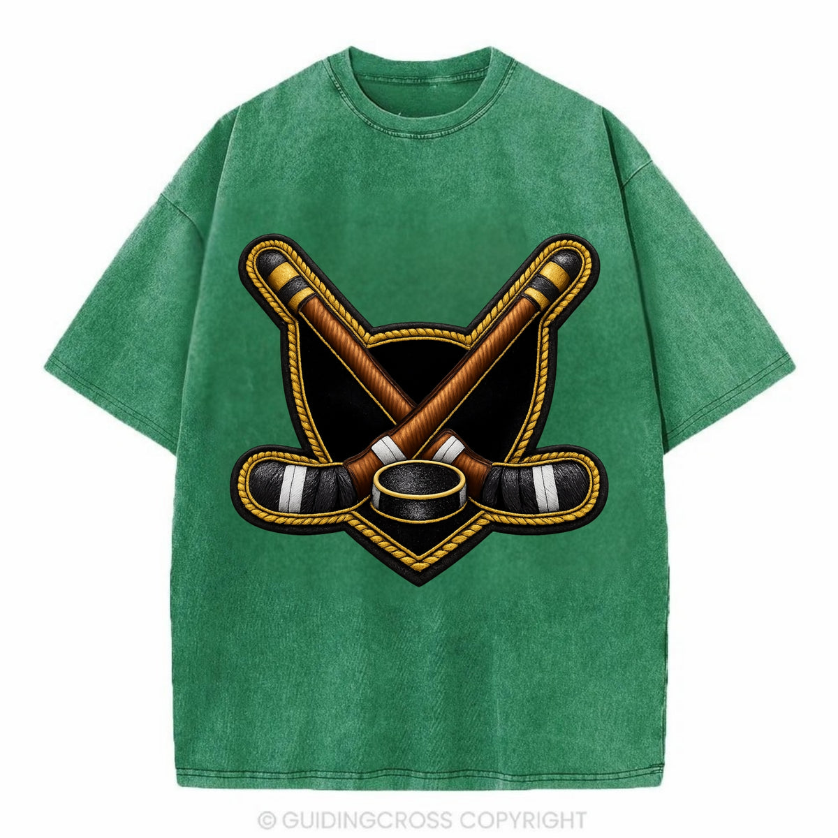 Embroidered patch design - HOCKEY CROSSED STICKS - ice hockey sticks with puck in - Vintage T-shirt - Forest Mist(Green)