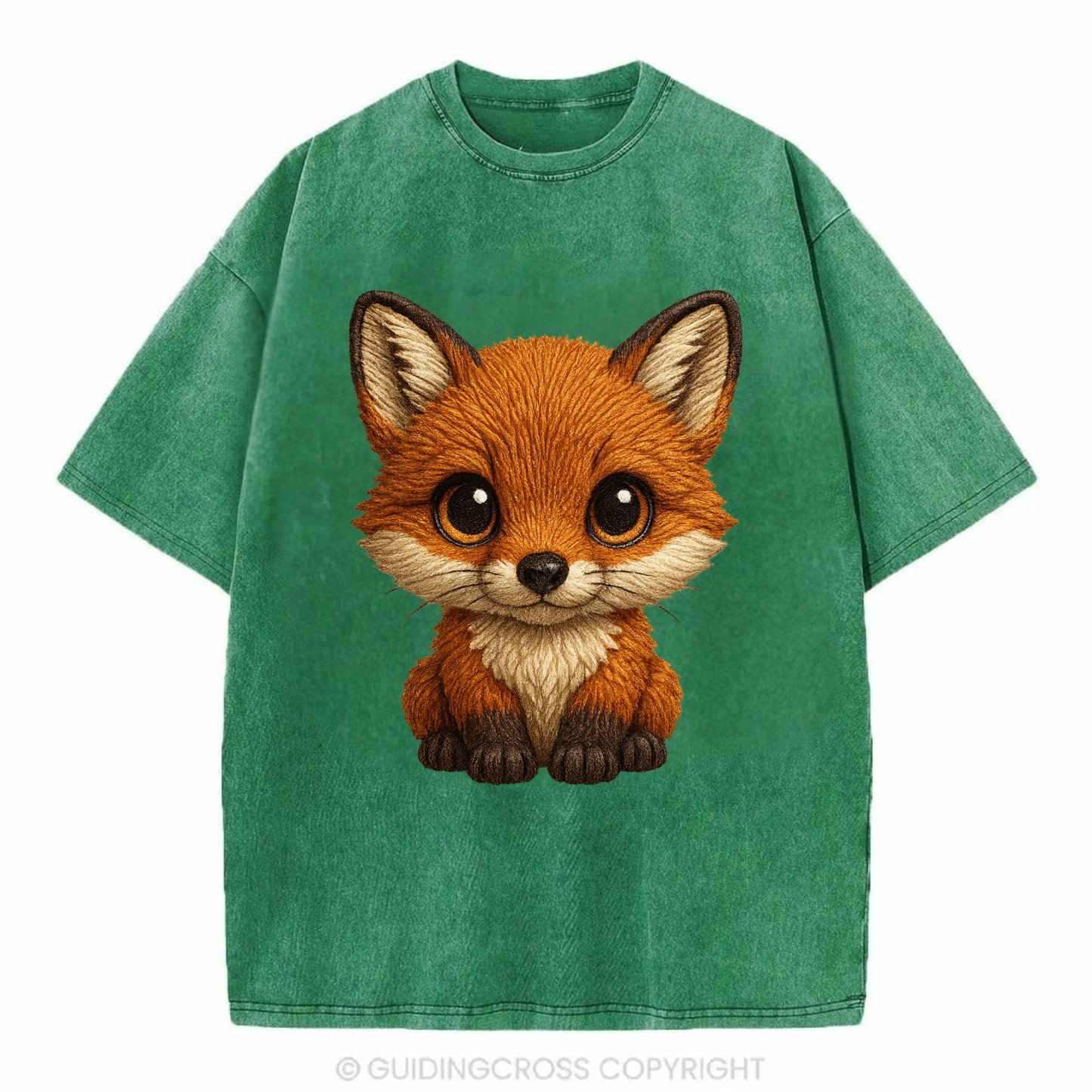 Baby Red Fox - russet fur, white chest, big amber eyes, perky ears, front-facing, - Vintage T-shirt - Forest Mist(Green)
