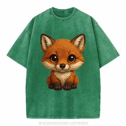 Baby Red Fox - russet fur, white chest, big amber eyes, perky ears, front-facing, - Vintage T-shirt - Forest Mist(Green)