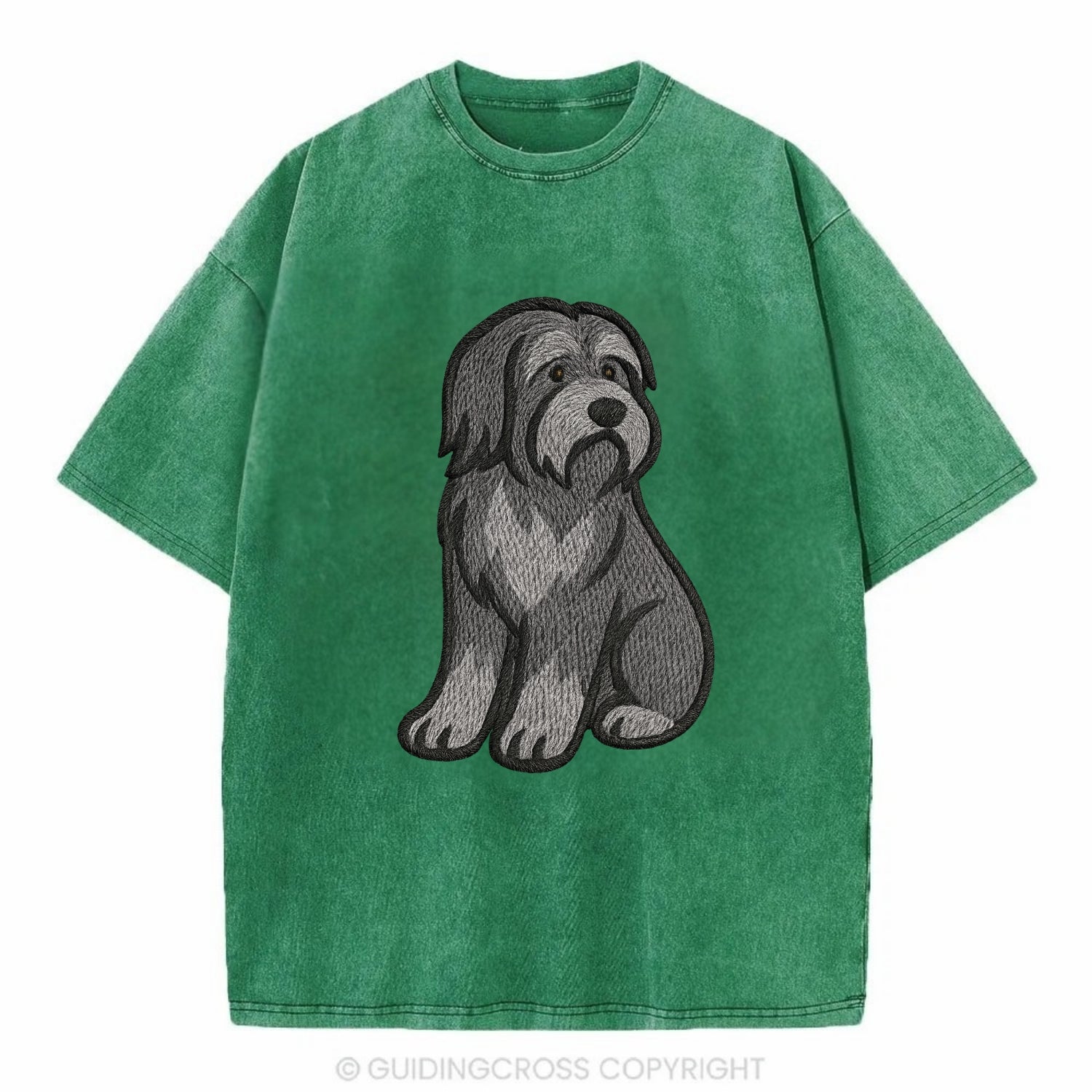 Bearded Collie - Gray shaggy coat embroidered pose - Vintage T-shirt - Forest Mist(Green)