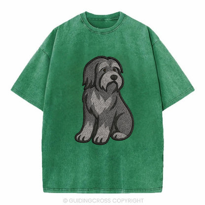Bearded Collie - Gray shaggy coat embroidered pose - Vintage T-shirt - Forest Mist(Green)