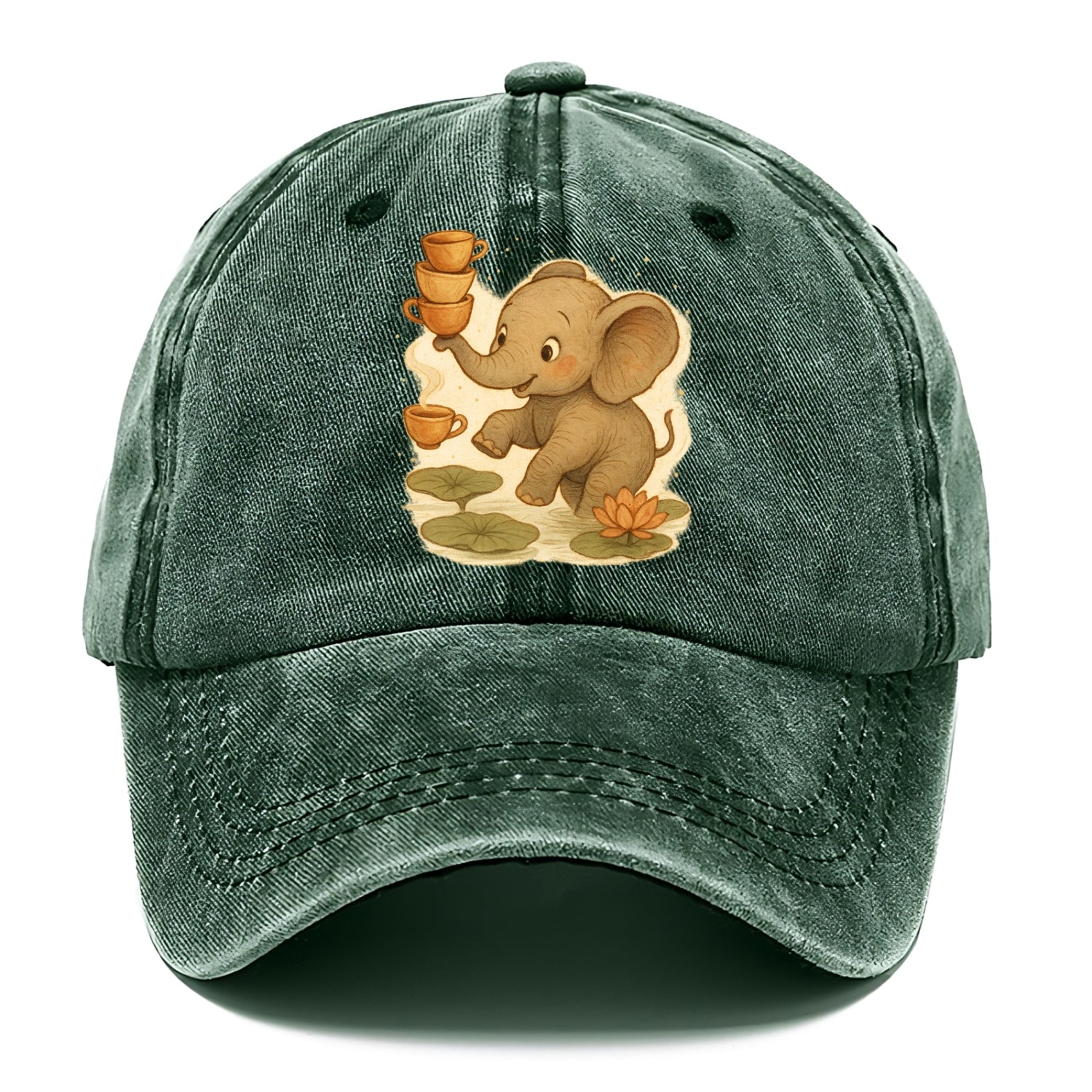 Elephant balancing teacups during a floating tea ceremony beside lotus ponds - Classic Cap - Forest Mist(Green)