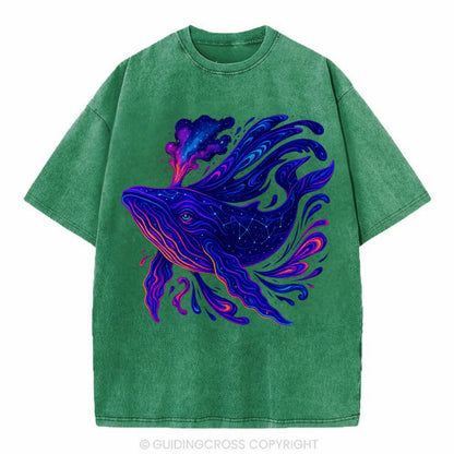 Majestic whale with body composed of galaxy clusters, stellar fins flowing like - Vintage T-shirt - Forest Mist(Green)