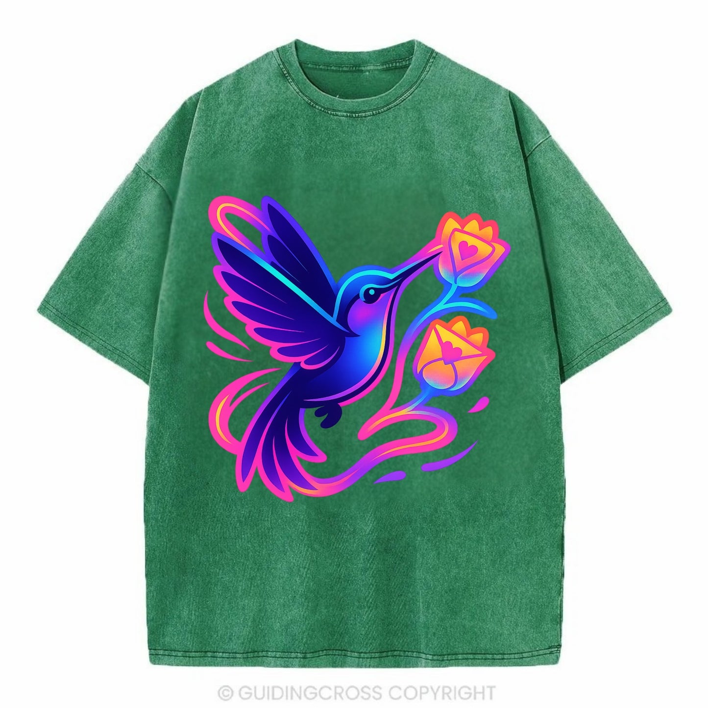 Hummingbird delivering miniature love letters tucked inside flower envelopes - Vintage T-shirt - Forest Mist(Green)