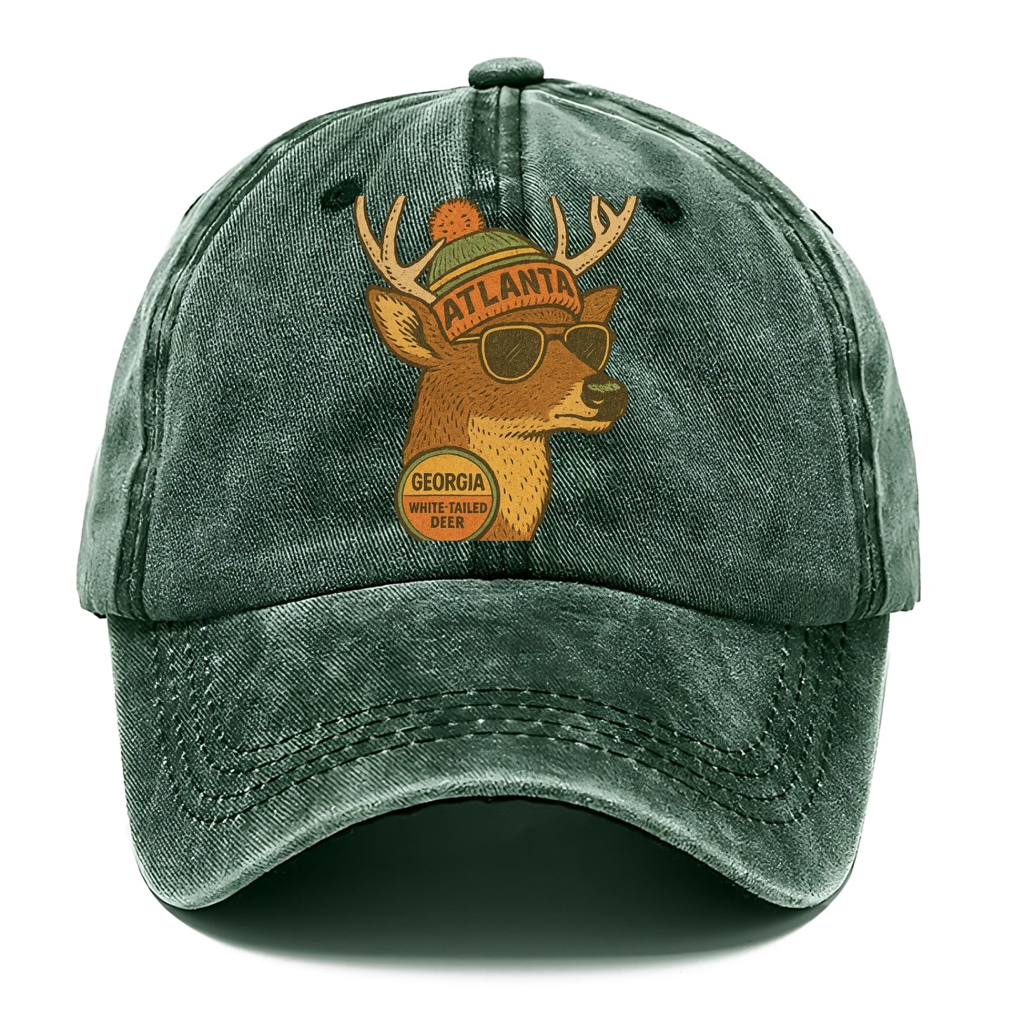 Georgia White-tailed Deer wearing Atlanta beanie with pom pom and wayfarer sunglasses - Classic Cap - Forest Mist(Green)