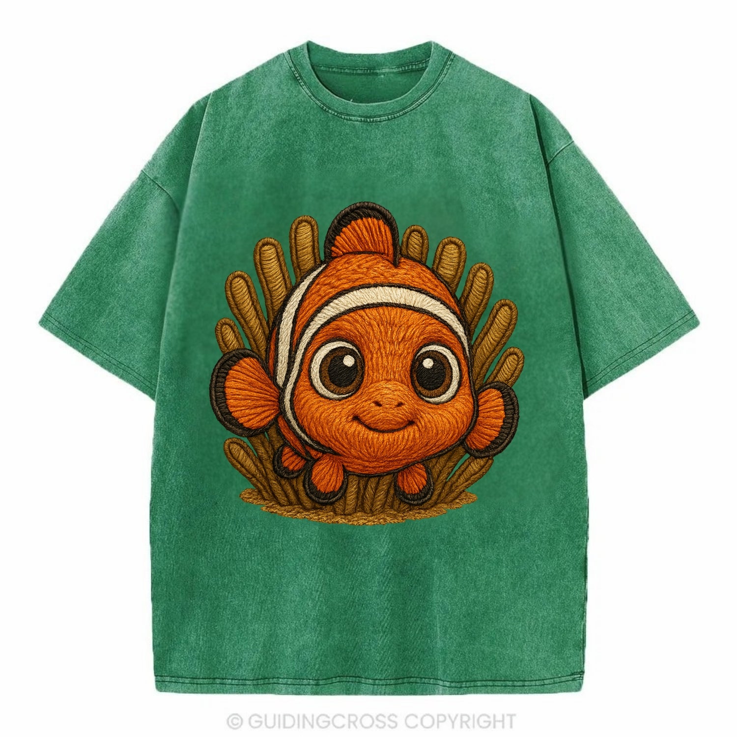 Baby Clownfish - orange with white stripes, big round eyes, front-facing in - Vintage T-shirt - Forest Mist(Green)
