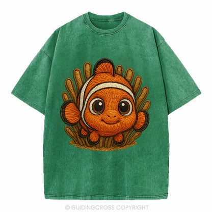 Baby Clownfish - orange with white stripes, big round eyes, front-facing in - Vintage T-shirt - Forest Mist(Green)