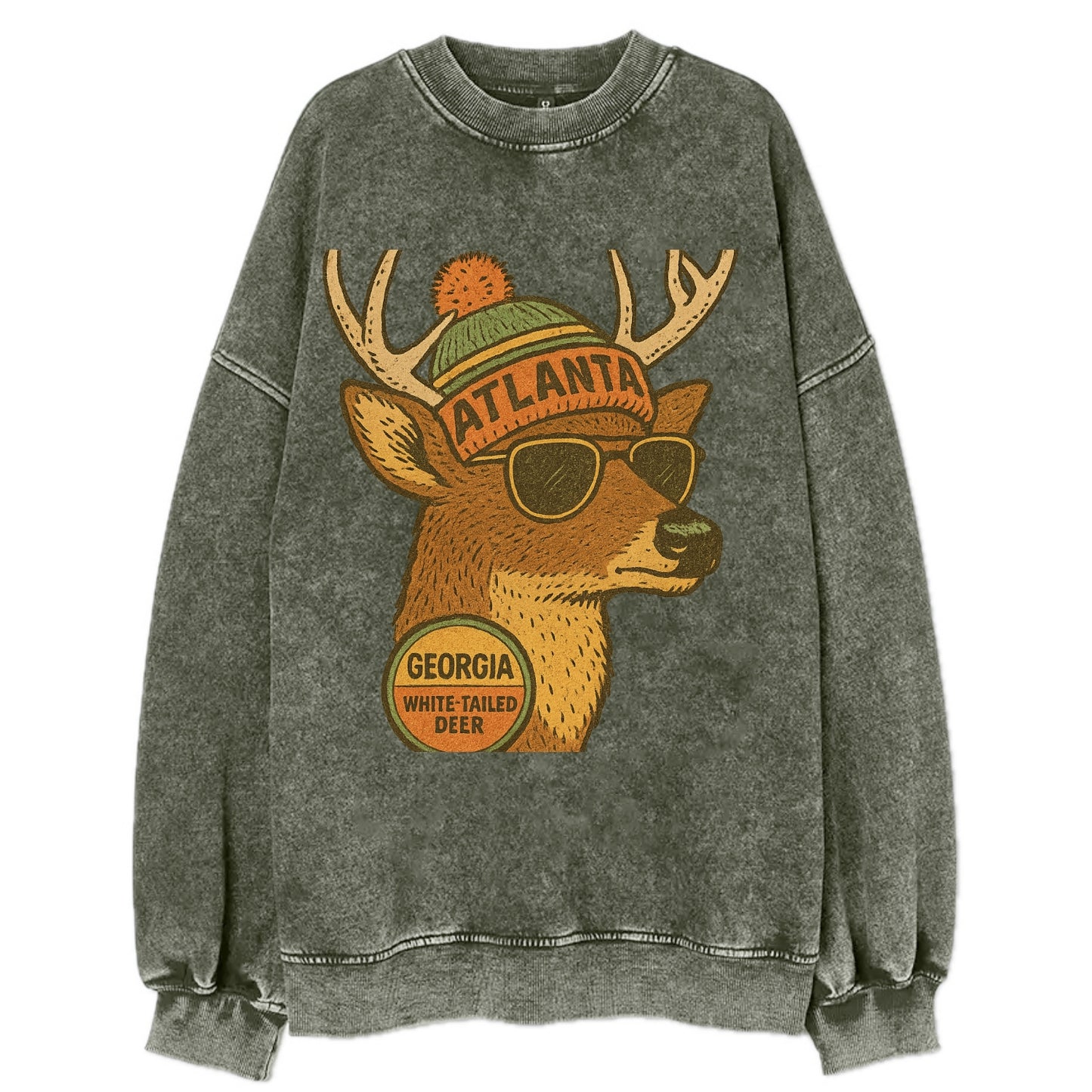 Georgia White-tailed Deer wearing Atlanta beanie with pom pom and wayfarer - Vintage Sweatshirt - Forest Mist(Green)