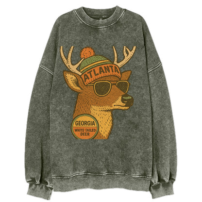 Georgia White-tailed Deer wearing Atlanta beanie with pom pom and wayfarer - Vintage Sweatshirt - Forest Mist(Green)