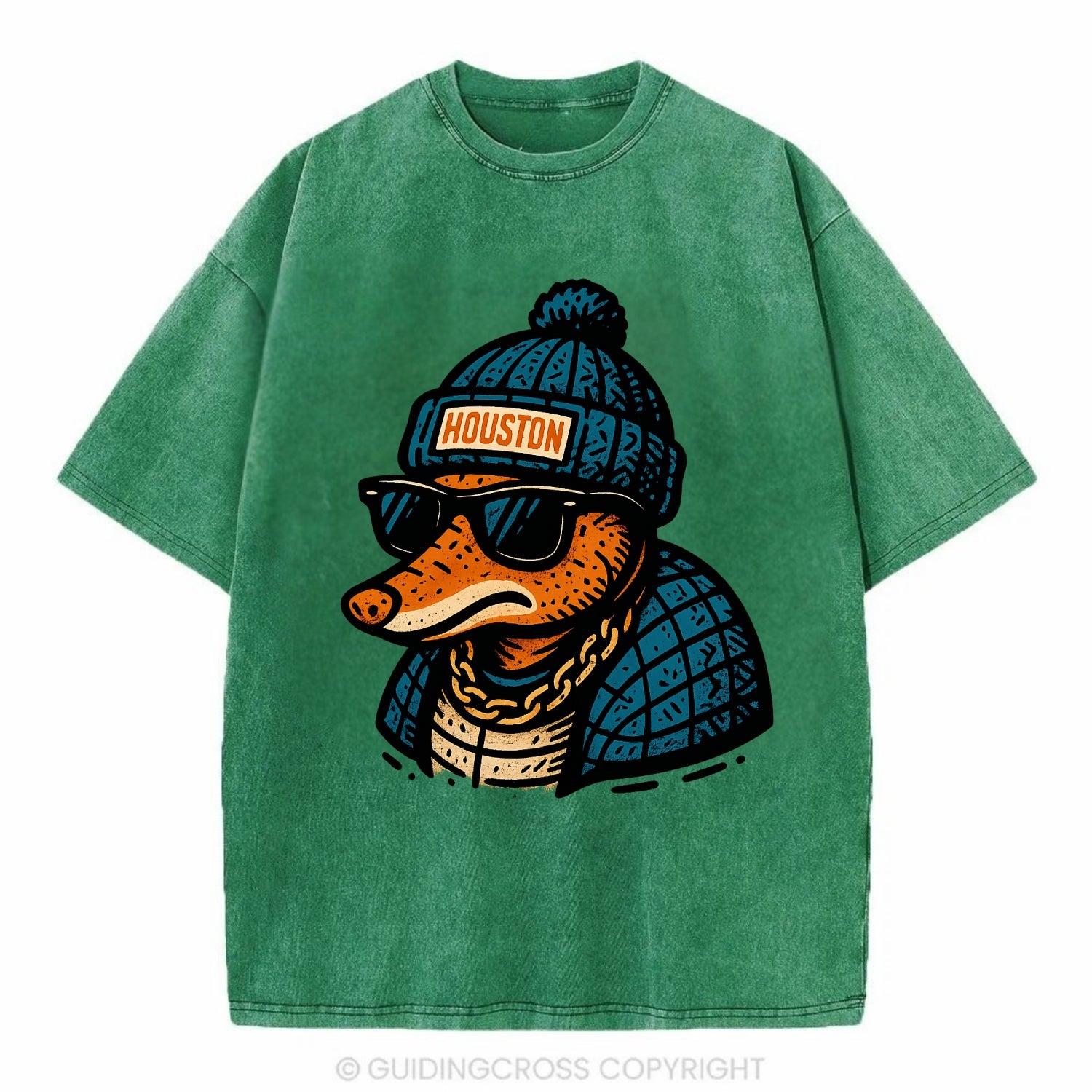 Houston Armadillo wearing Houston beanie with pom pom and wayfarer sunglasses - Vintage T-shirt - Forest Mist(Green)