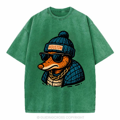 Houston Armadillo wearing Houston beanie with pom pom and wayfarer sunglasses - Vintage T-shirt - Forest Mist(Green)