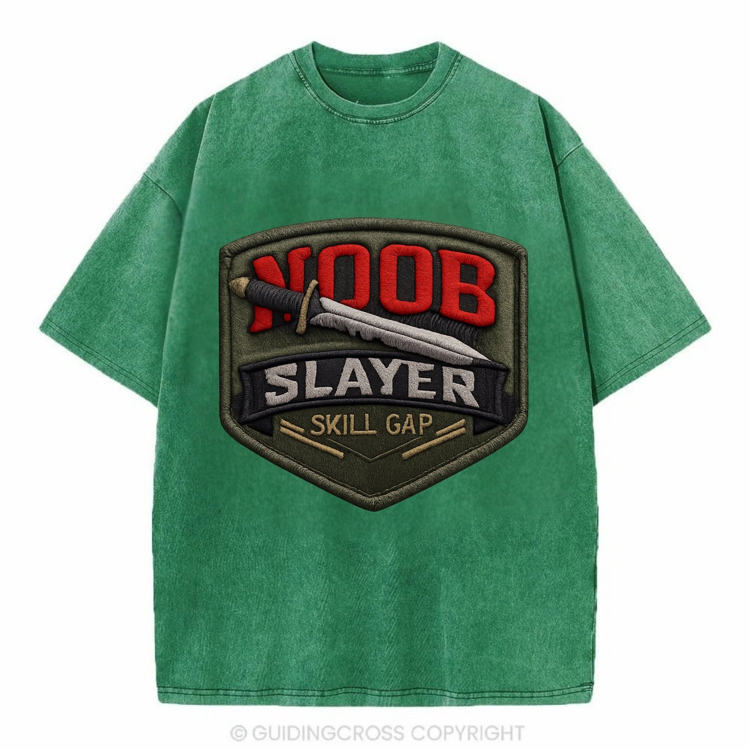 NOOB SLAYER - sword through noob text in red and silver , skill gap - Vintage T-shirt - Forest Mist(Green)