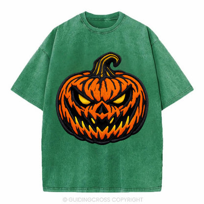 HALLOWEEN PUMPKIN - jack o lantern in orange and black , spooky - Vintage T-shirt - Forest Mist(Green)
