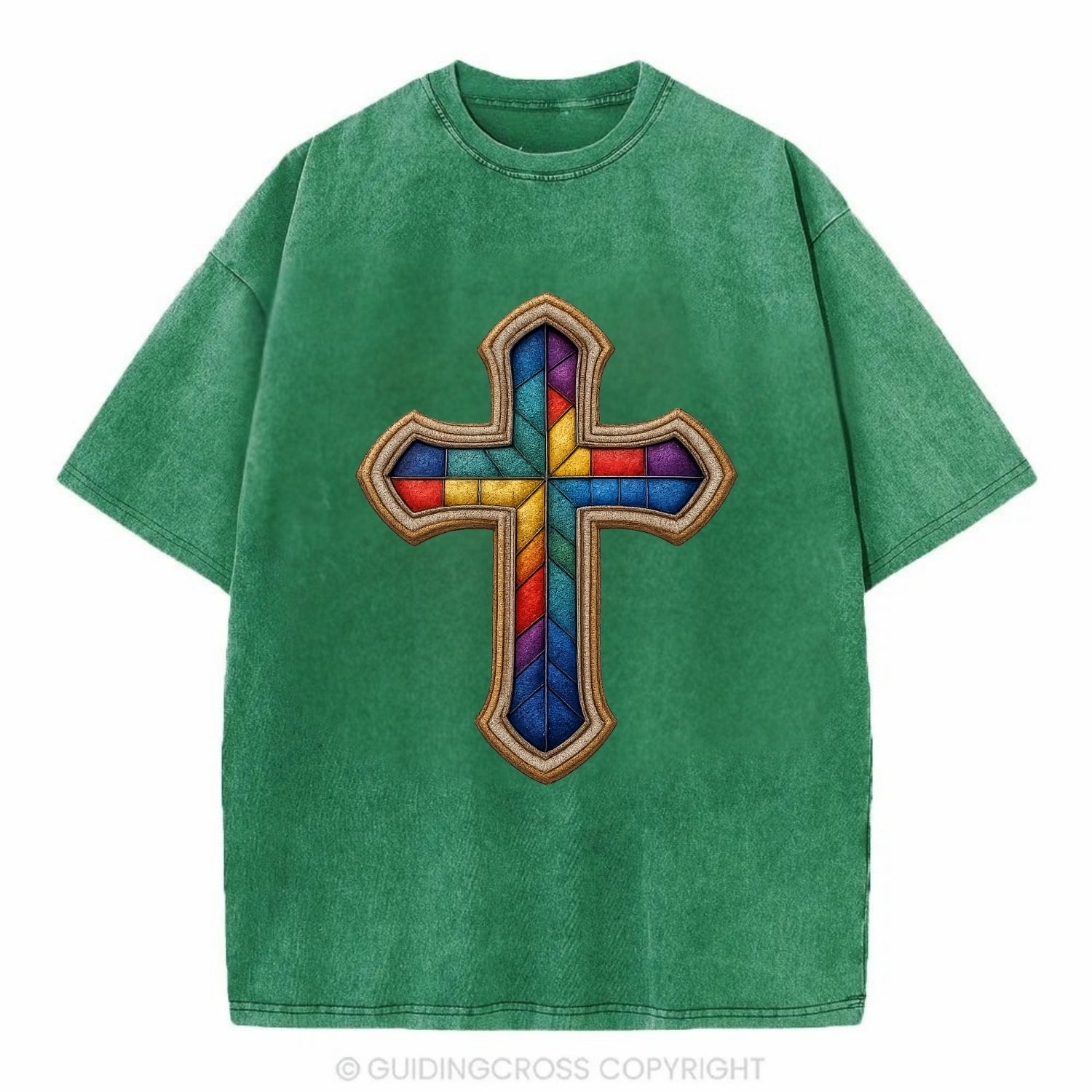 Stained Glass Cross  - Vintage T-shirt - Forest Mist(Green)