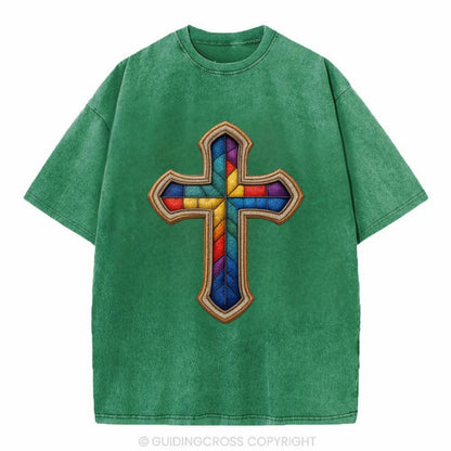 Stained Glass Cross  - Vintage T-shirt - Forest Mist(Green)