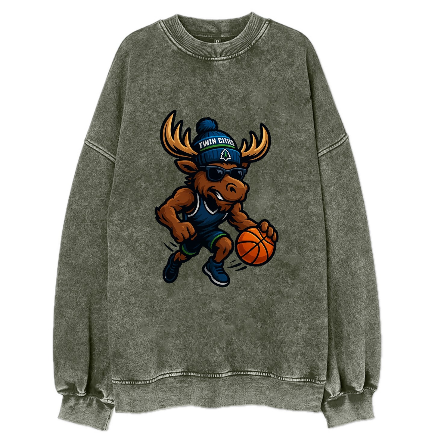Twin Cities Moose wearing Timberwolves beanie with pine tree patch and - Vintage Sweatshirt - Forest Mist(Green)