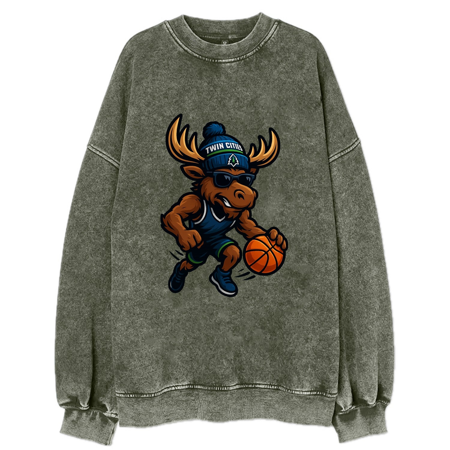 Twin Cities Moose wearing Timberwolves beanie with pine tree patch and - Vintage Sweatshirt - Forest Mist(Green)
