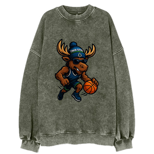 Twin Cities Moose wearing Timberwolves beanie with pine tree patch and - Vintage Sweatshirt