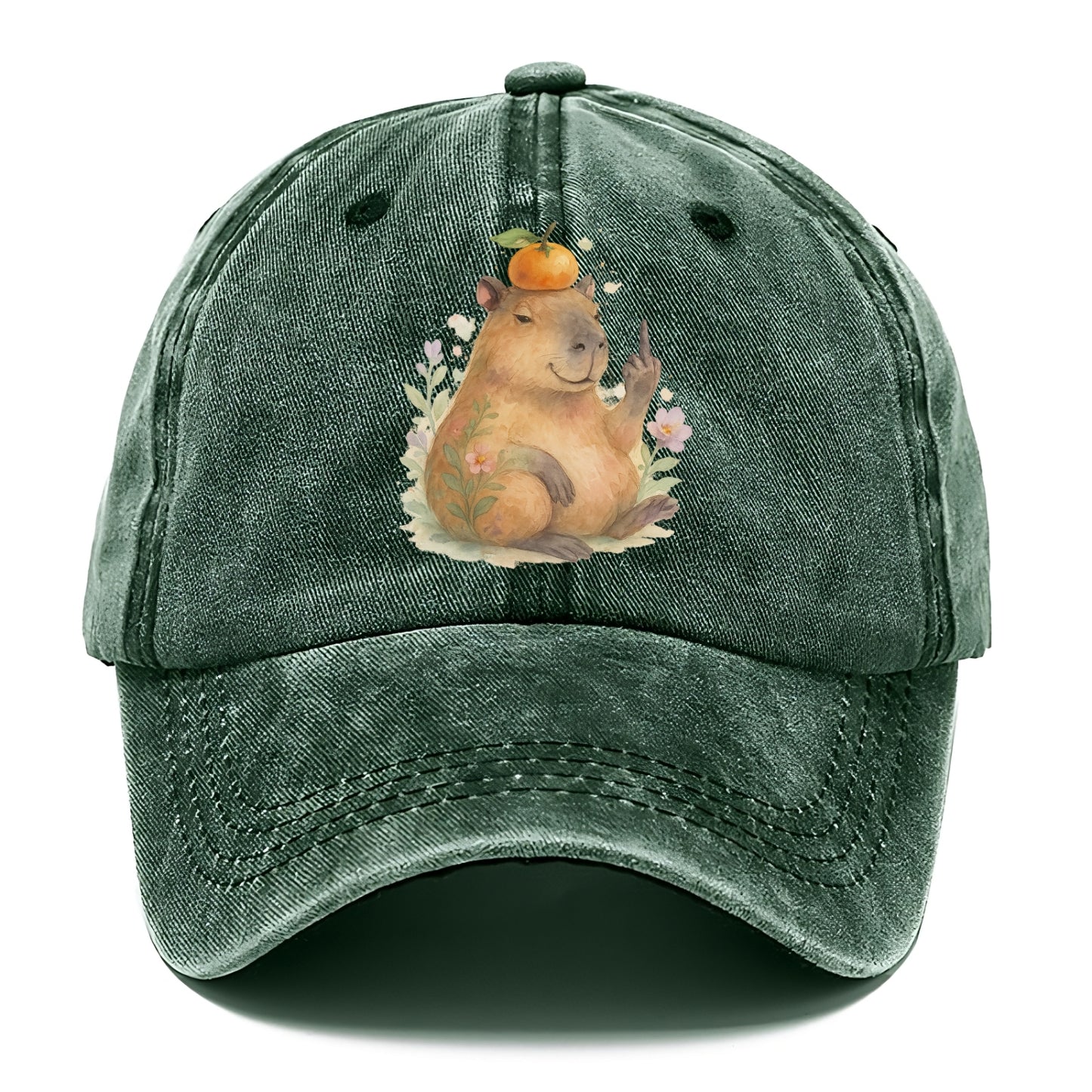chonky capybara relaxing with orange on head, one webbed middle finger up - Classic Cap - Forest Mist(Green)