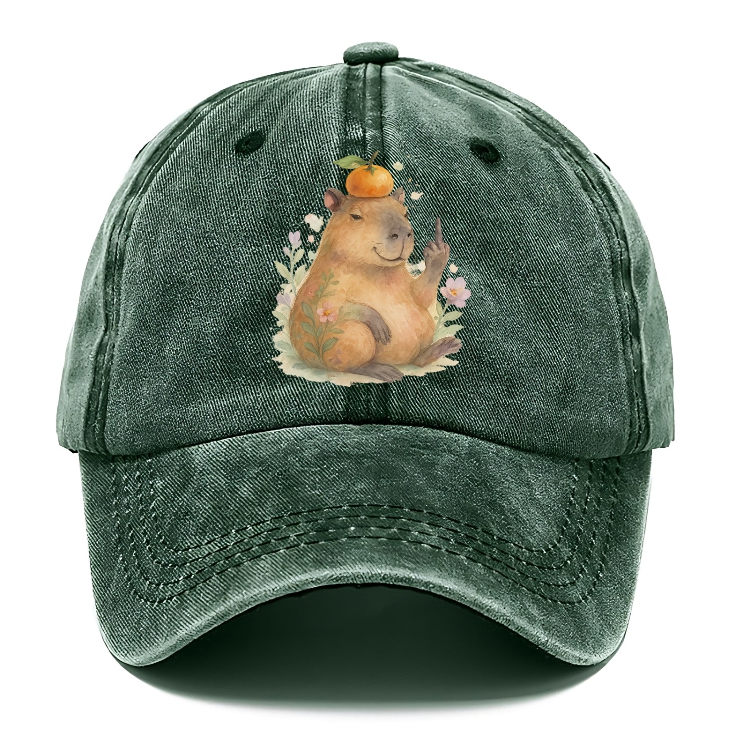 chonky capybara relaxing with orange on head, one webbed middle finger up - Classic Cap - Forest Mist(Green)