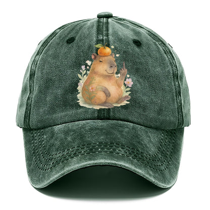 chonky capybara relaxing with orange on head, one webbed middle finger up - Classic Cap - Forest Mist(Green)