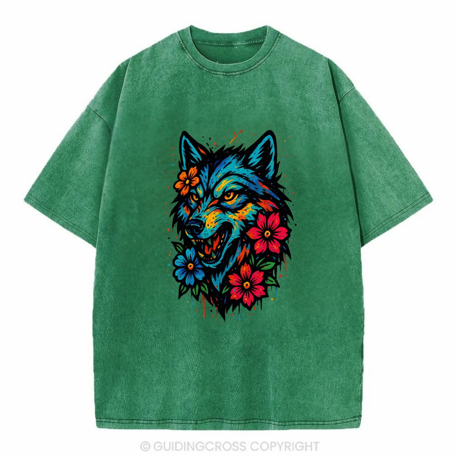 Floral Wolf Garden  - Vintage T-shirt - Forest Mist(Green)