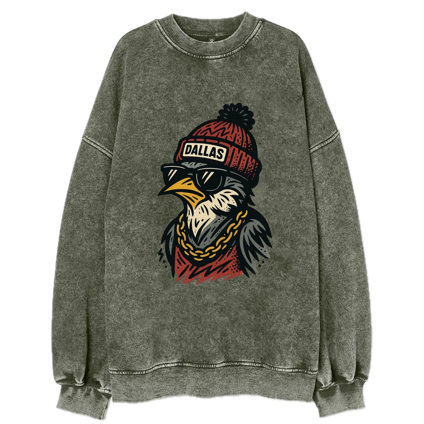 Dallas Mockingbird wearing Dallas beanie with pom pom and wayfarer sunglasses - Vintage Sweatshirt - Forest Mist(Green)
