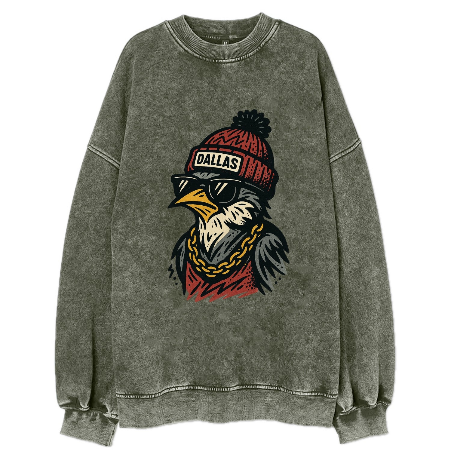 Dallas Mockingbird wearing Dallas beanie with pom pom and wayfarer sunglasses - Vintage Sweatshirt - Forest Mist(Green)