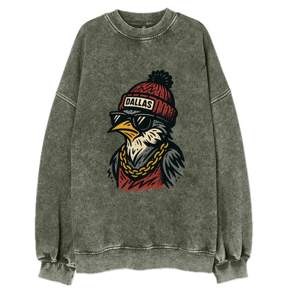 Dallas Mockingbird wearing Dallas beanie with pom pom and wayfarer sunglasses - Vintage Sweatshirt - Forest Mist(Green)