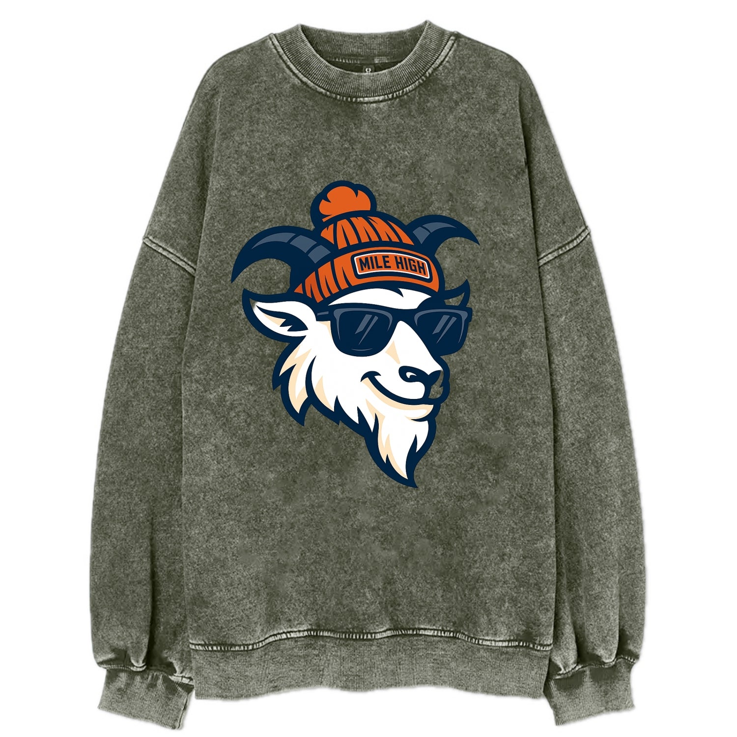 Denver Mountain Goat wearing Broncos beanie with Mile High patch and wayfarer - Vintage Sweatshirt - Forest Mist(Green)