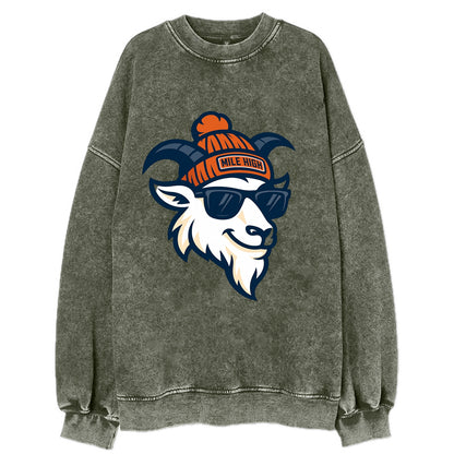 Denver Mountain Goat wearing Broncos beanie with Mile High patch and wayfarer - Vintage Sweatshirt - Forest Mist(Green)