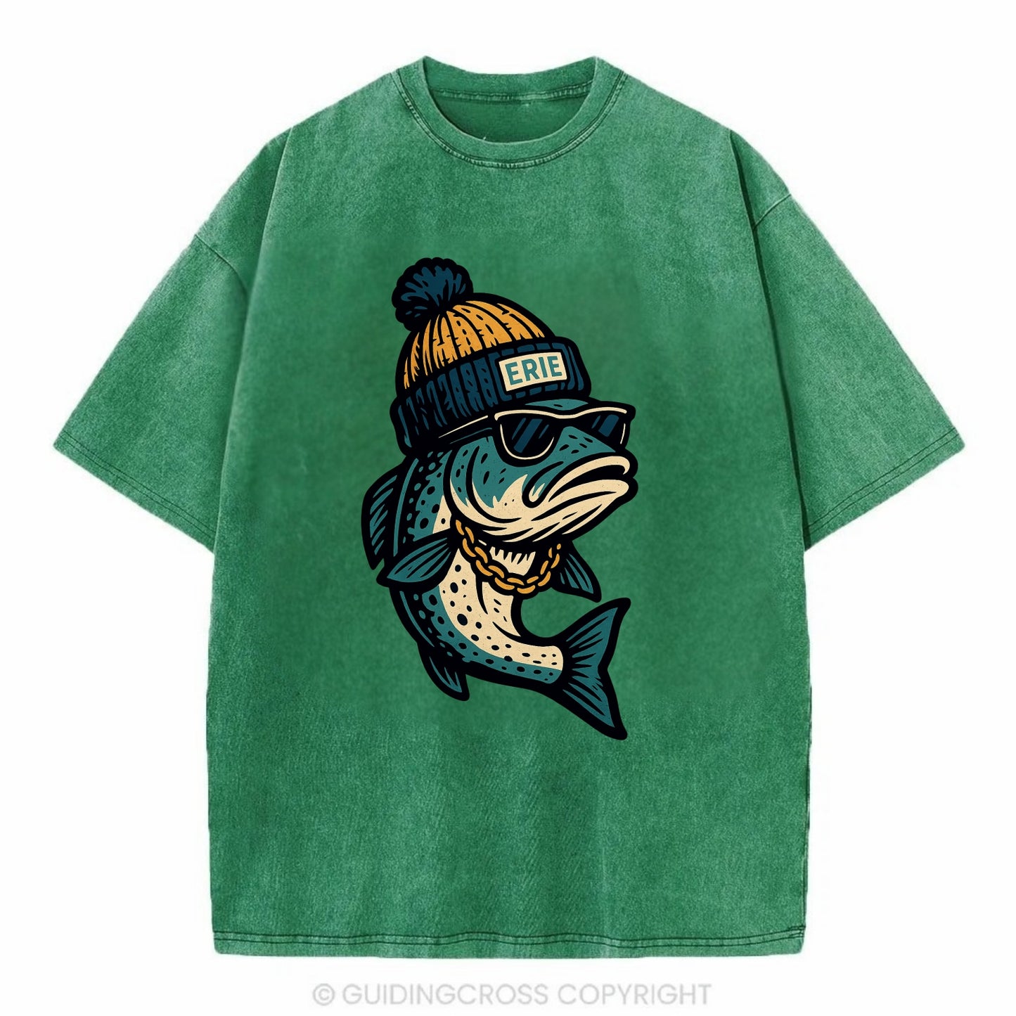 Erie Lake Trout wearing Erie beanie with - Vintage T-shirt - Forest Mist(Green)
