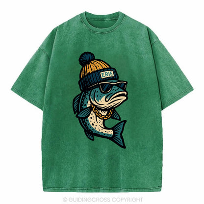 Erie Lake Trout wearing Erie beanie with - Vintage T-shirt - Forest Mist(Green)