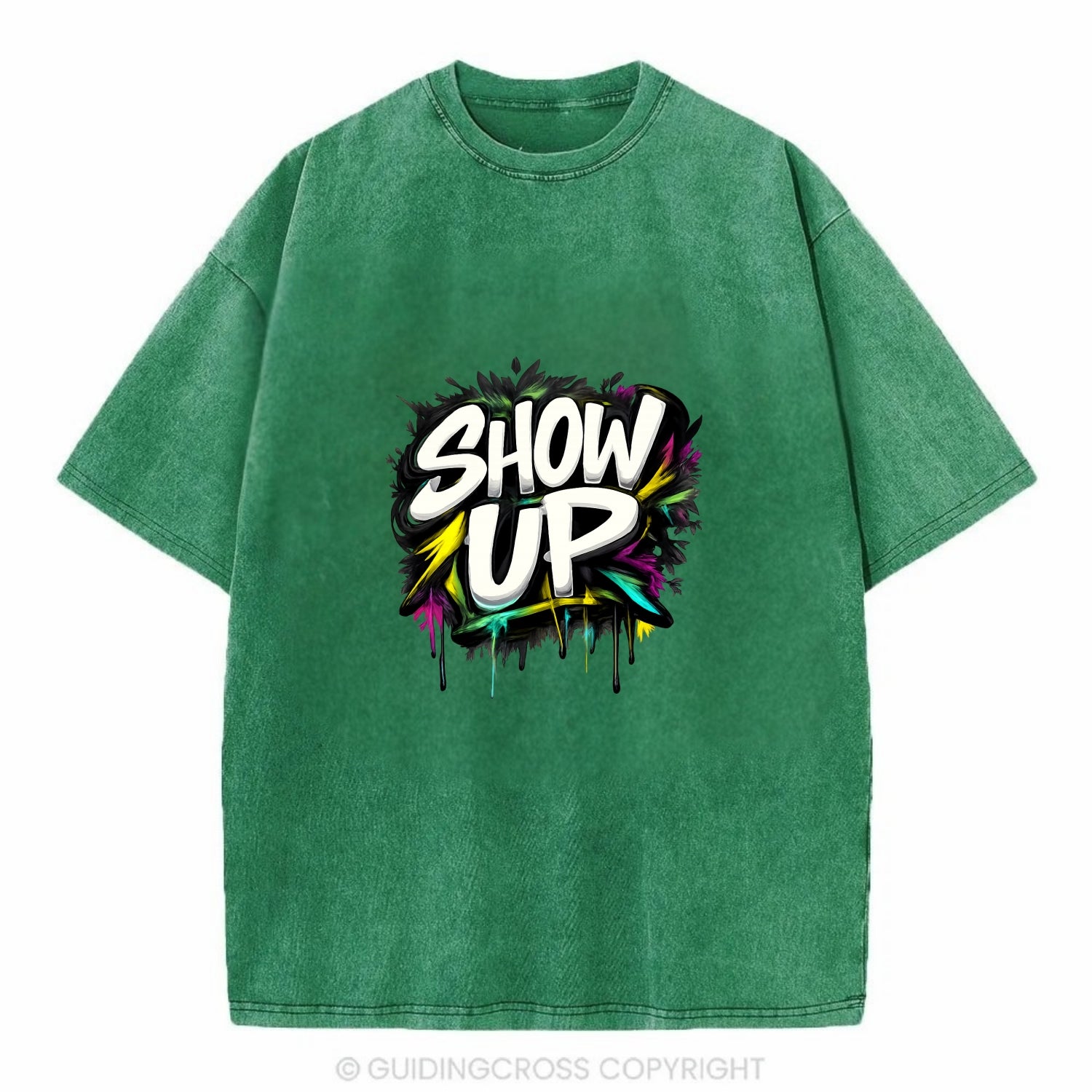 Bold typography design - "SHOW UP" - be present, arrive ready - Vintage T-shirt - Forest Mist(Green)