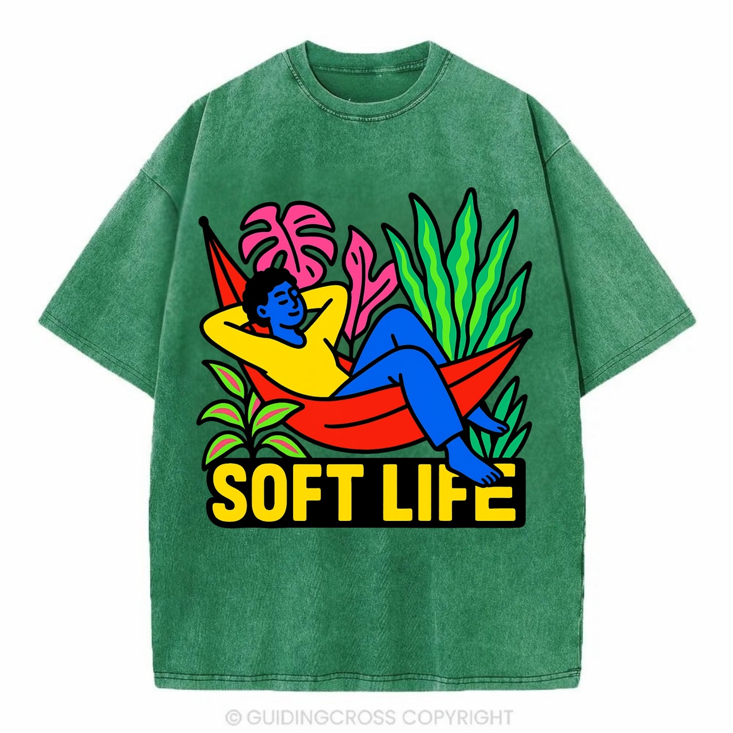 Person relaxing in hammock with plants - "soft life" aesthetic, peaceful living - Vintage T-shirt - Forest Mist(Green)
