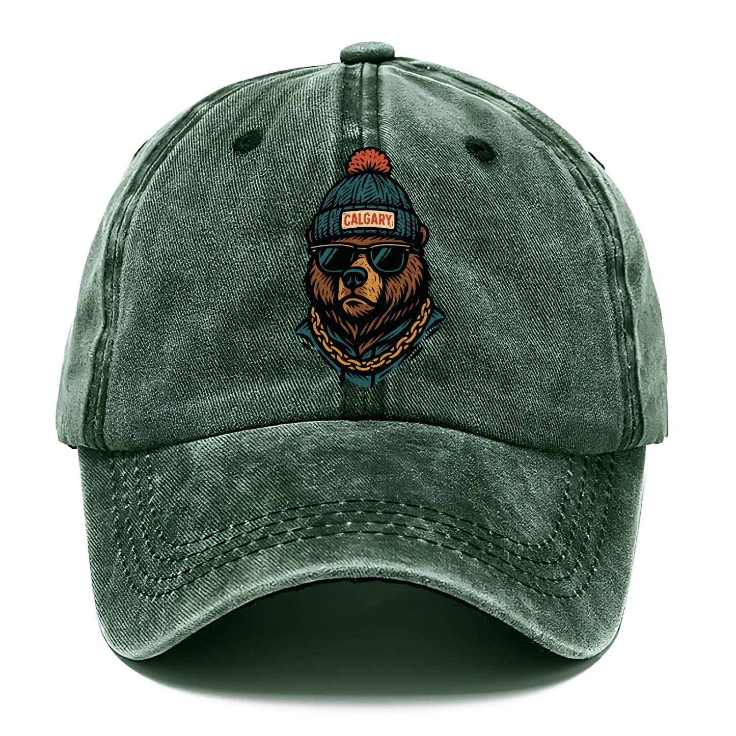 Calgary Grizzly Bear wearing Calgary beanie with pom pom and wayfarer sunglasses - Classic Cap - Forest Mist(Green)