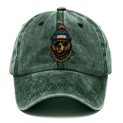 Calgary Grizzly Bear wearing Calgary beanie with pom pom and wayfarer sunglasses - Classic Cap - Forest Mist(Green)
