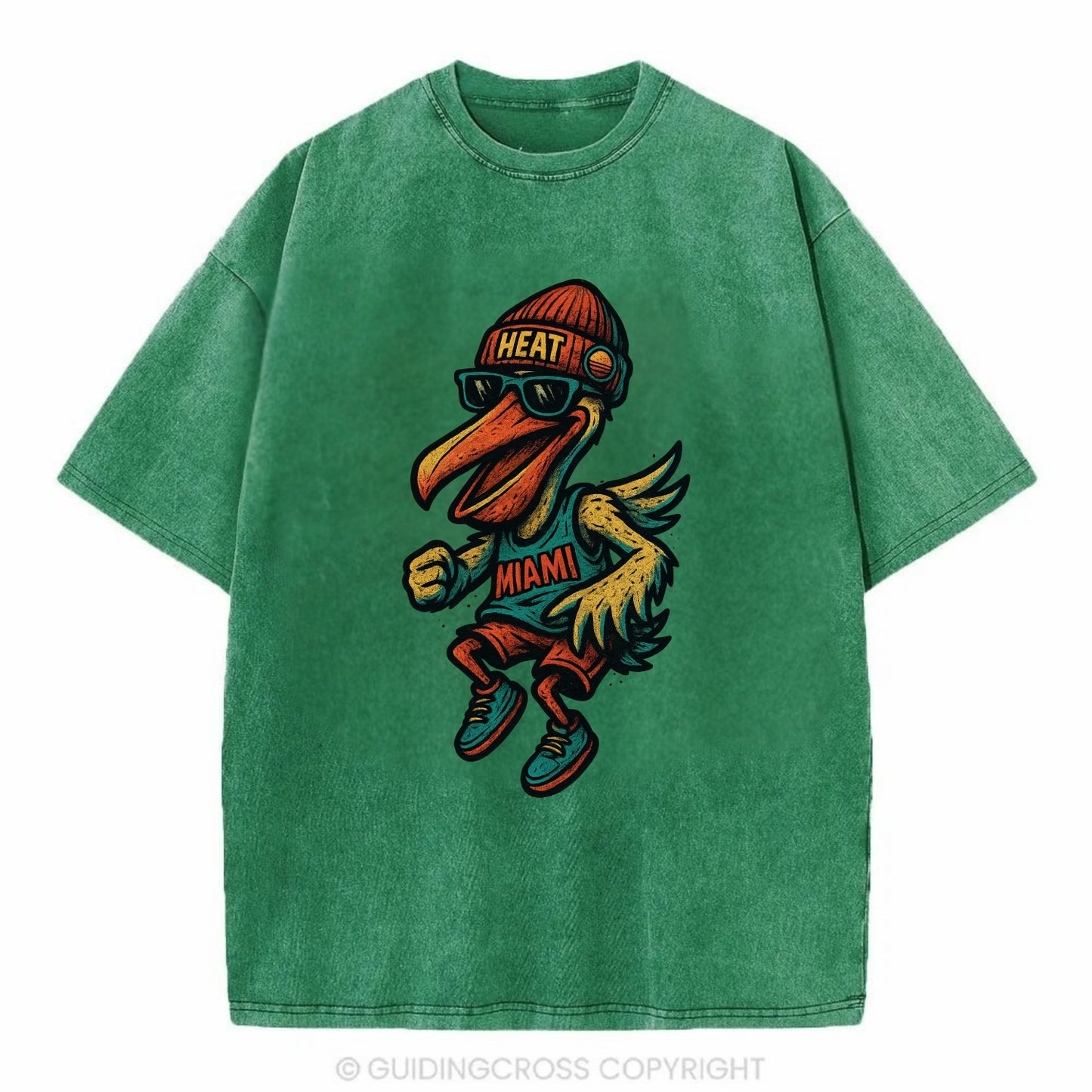 Miami Pelican wearing Heat beanie with sunset patch and wayfarer sunglasses - Vintage T-shirt - Forest Mist(Green)