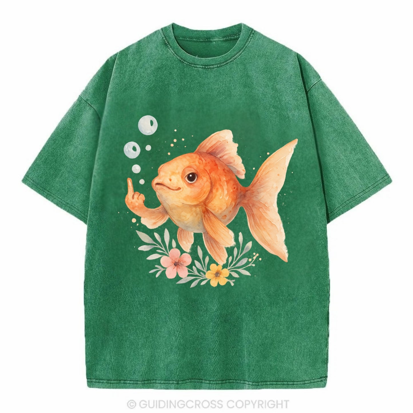 chubby goldfish blowing bubbles, one fin extended like middle finger - Vintage T-shirt - Forest Mist(Green)